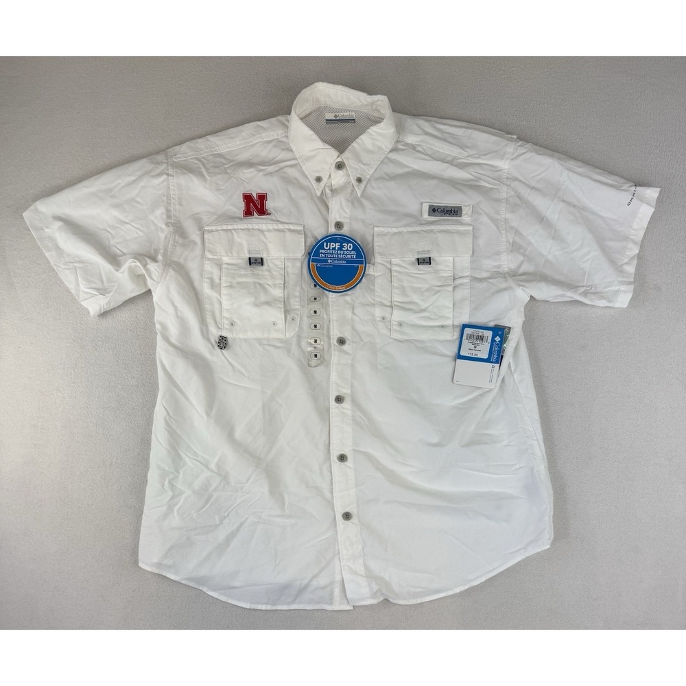 Columbia PFG Omni-Shade Shirt Sz Medium White UPF Fishing Short‎ Sleeve Nebraska